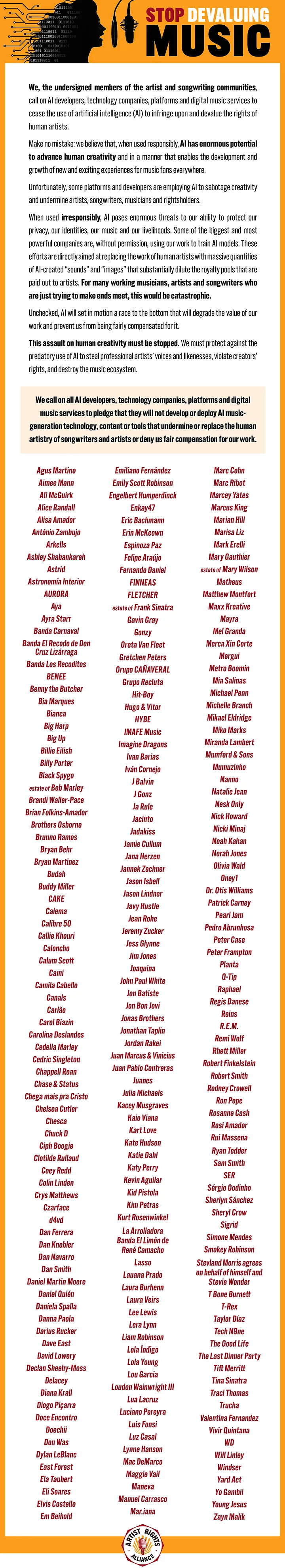 200+ artists signed an open letter.
