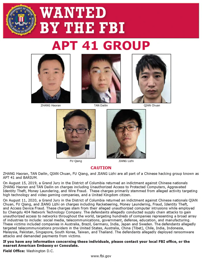 APT41 wanted by the FBI