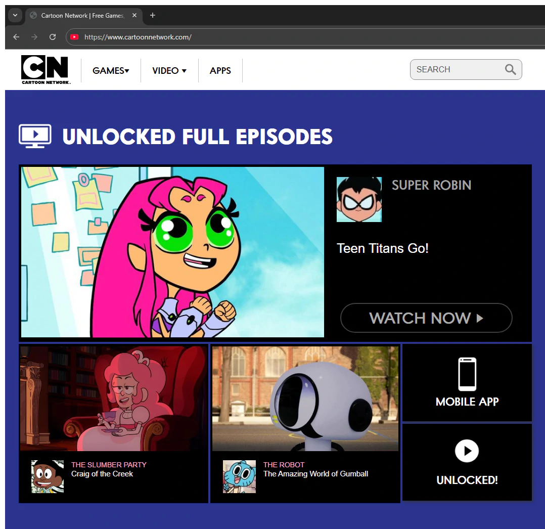 Cartoon Network website, before shut down