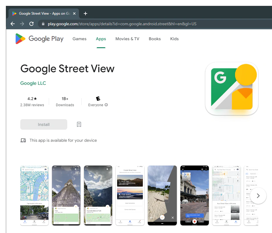 Google Street View app page on Google Play Store.