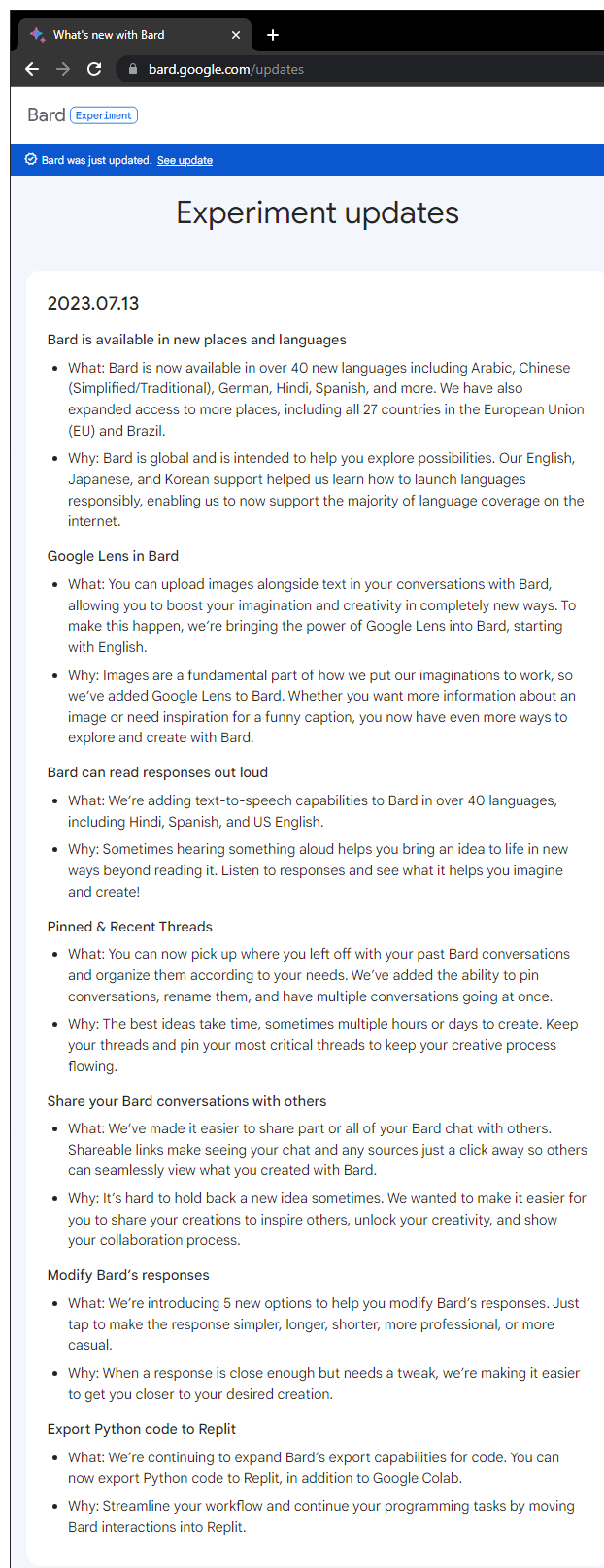 Google Bard updates