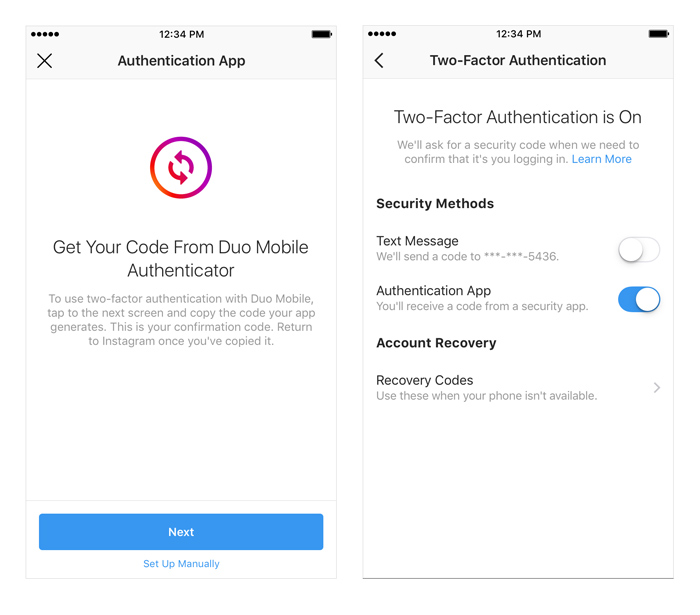 Instagram allows use third-party authenticator apps