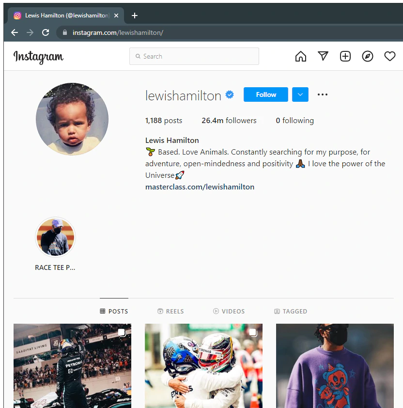 Instagram, Lewis Hamilton, 0 following