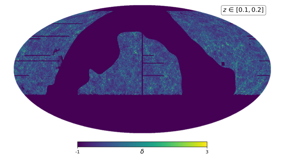 'Overdensity map of galaxies between redshift 0.1 and 0.2 within the PS1-STRM catalog.'