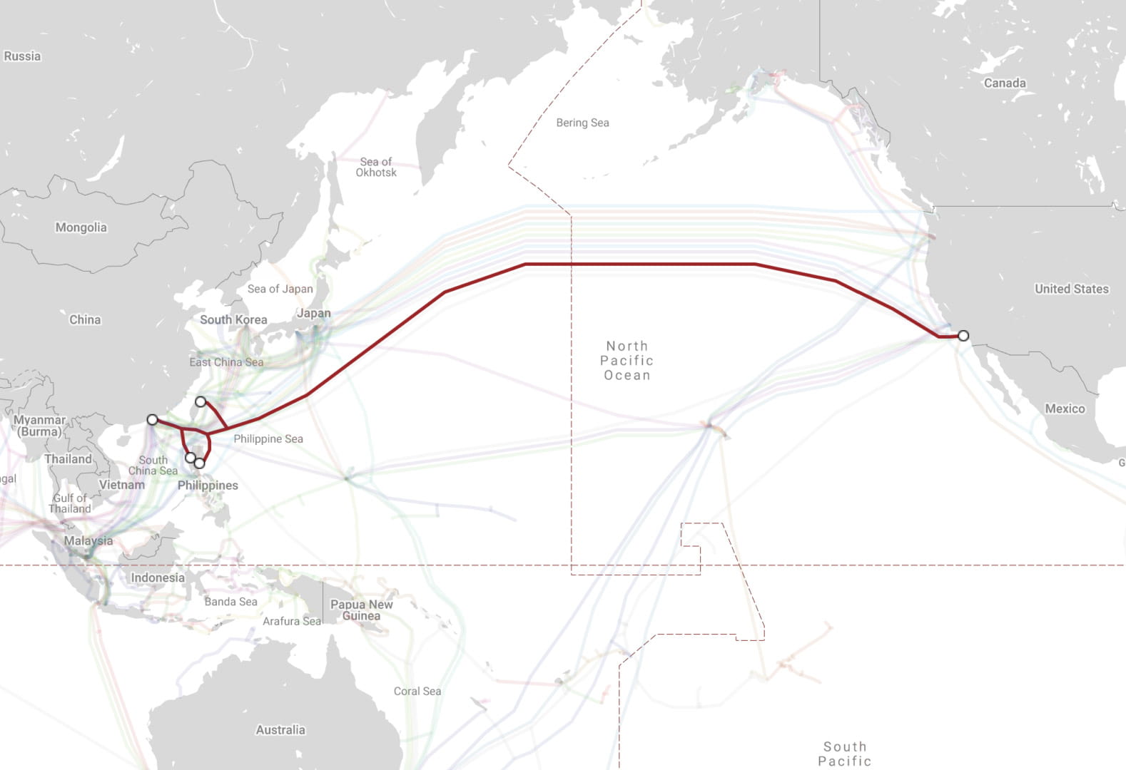 Undersea cable, connecting LA and Hong Kong.