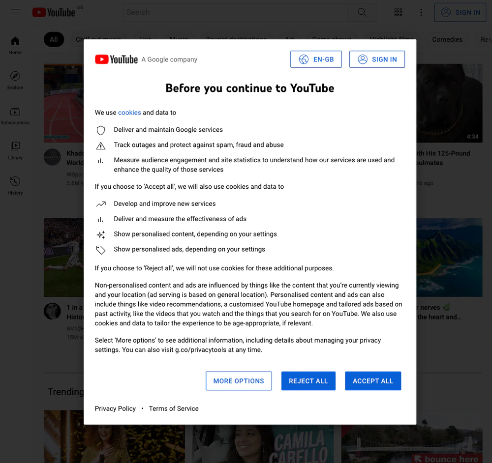 YouTube cookie reject all