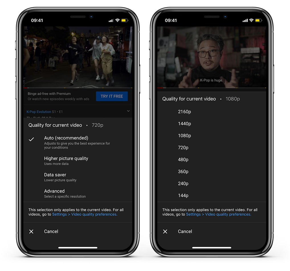 YouTube, resolution options