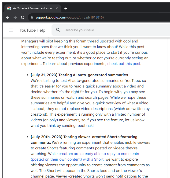 YouTube auto-generated summaries announcement