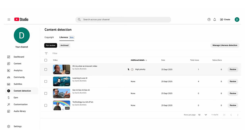 YouTube likeness detection