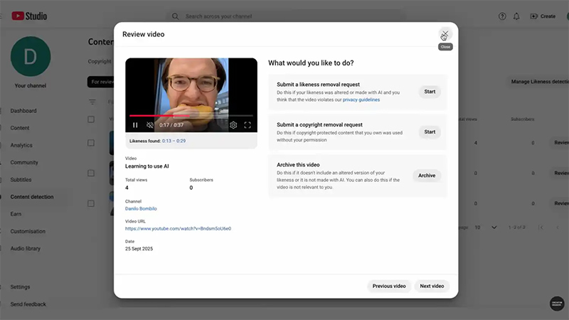 YouTube likeness detection